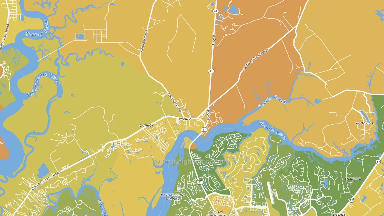 Map of the best neighborhoods in the Wando area, with better matches in green and worse matches in red
