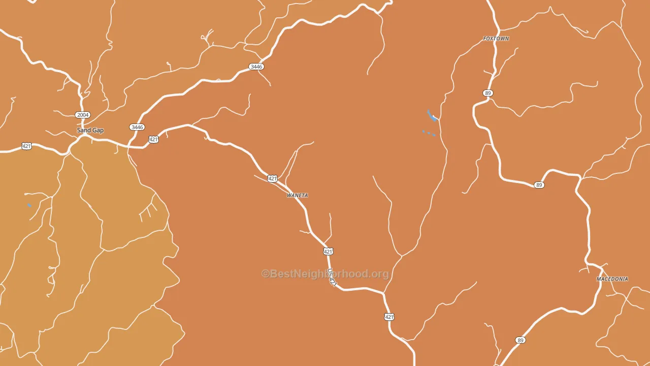Map of the best neighborhoods in the Waneta area, with better matches in green and worse matches in red