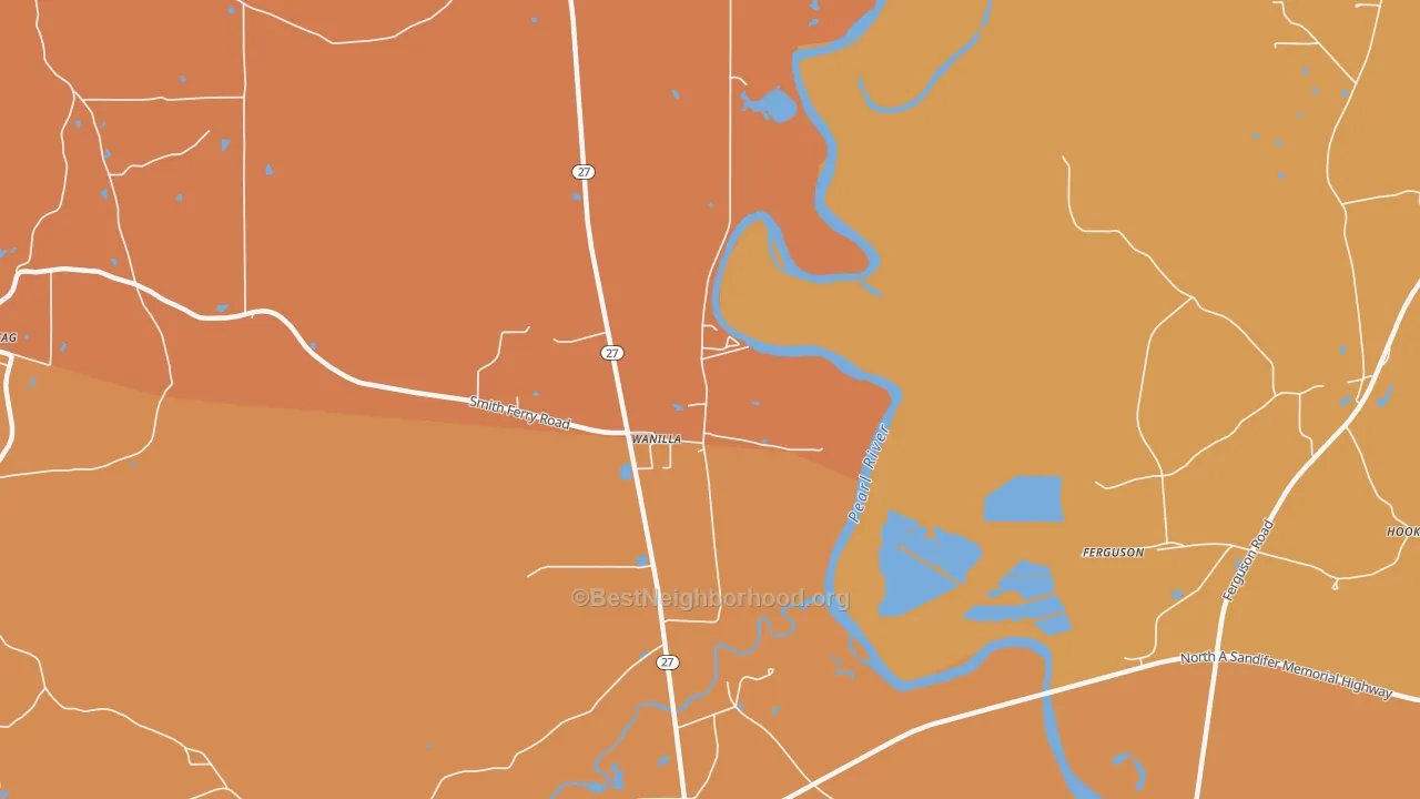 Map of the best neighborhoods in the Wanilla area, with better matches in green and worse matches in red