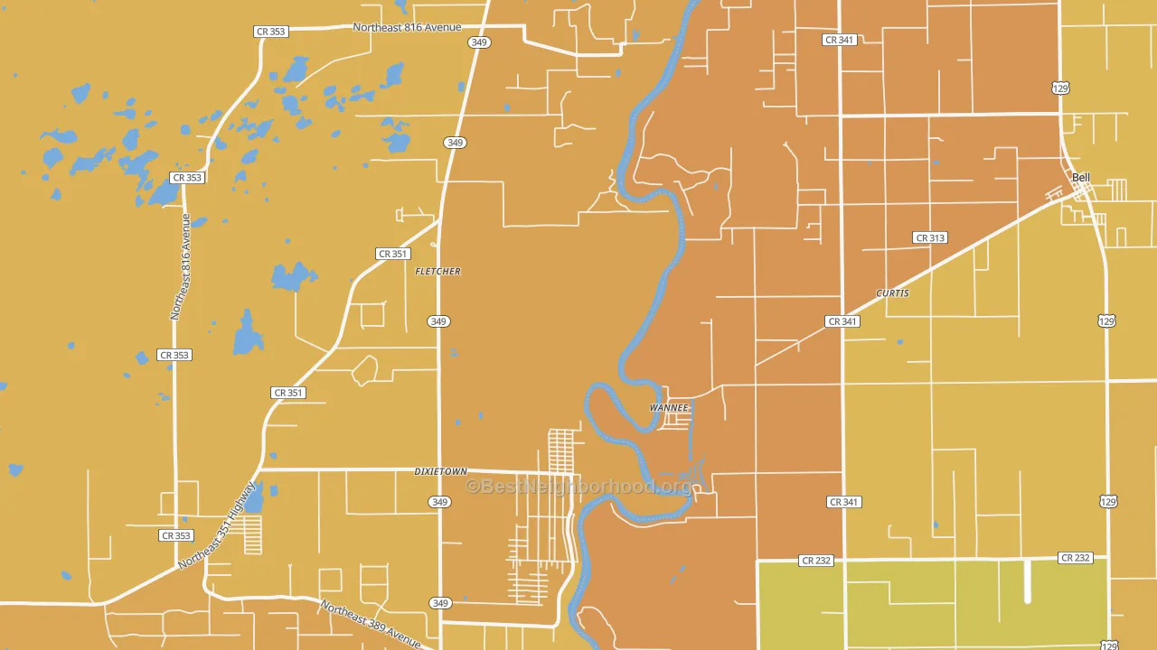 Map of the best neighborhoods in the Wannee area, with better matches in green and worse matches in red