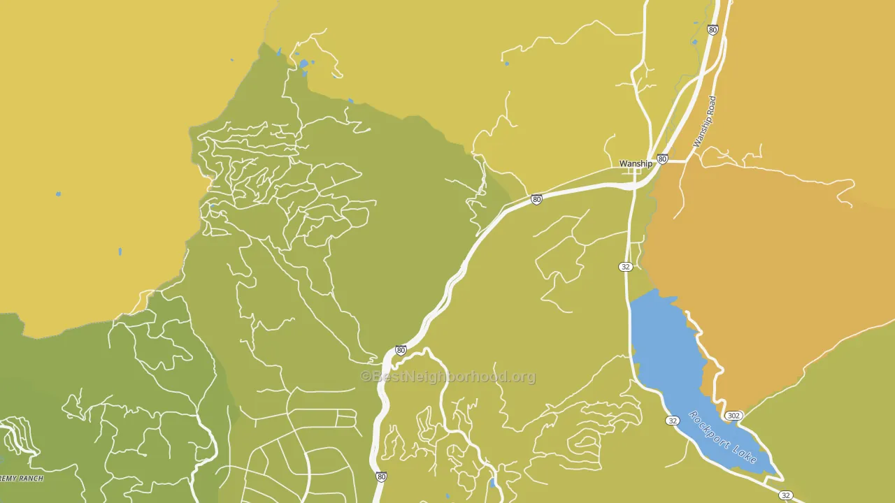 Map of the best neighborhoods in the Wanship area, with better matches in green and worse matches in red