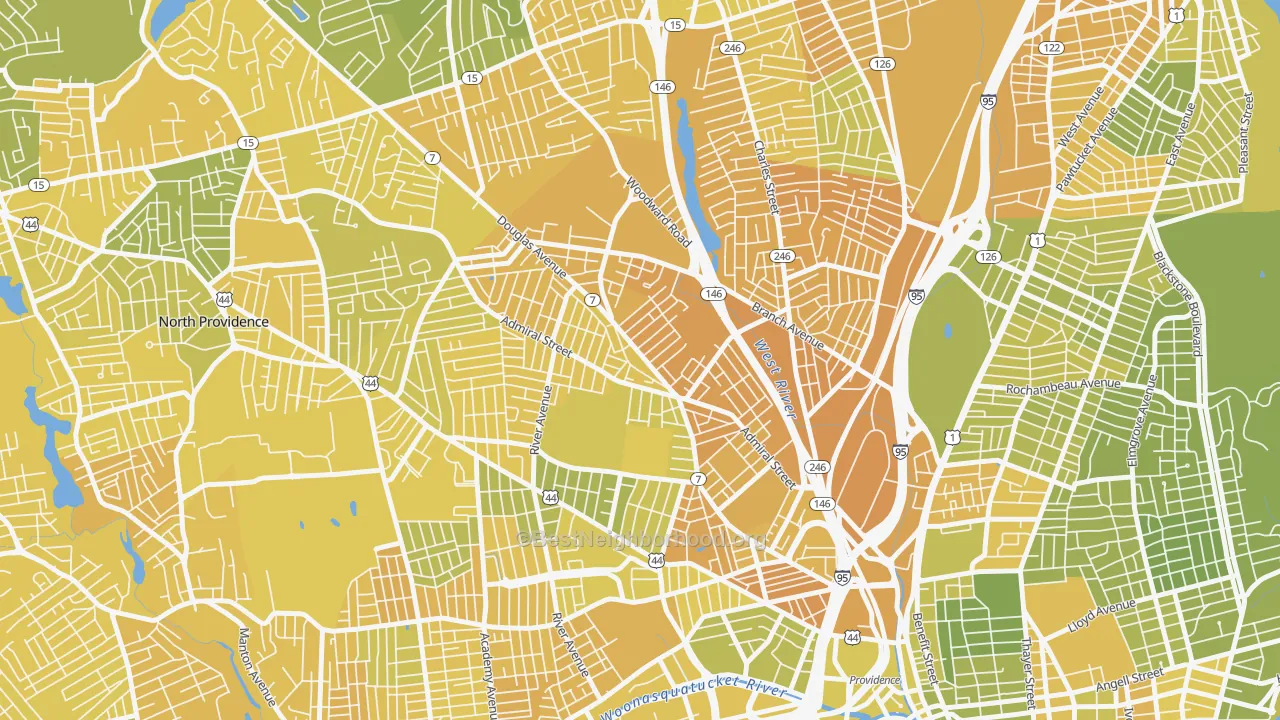 Map of the best neighborhoods in the Wanskuck, Providence area, with better matches in green and worse matches in red
