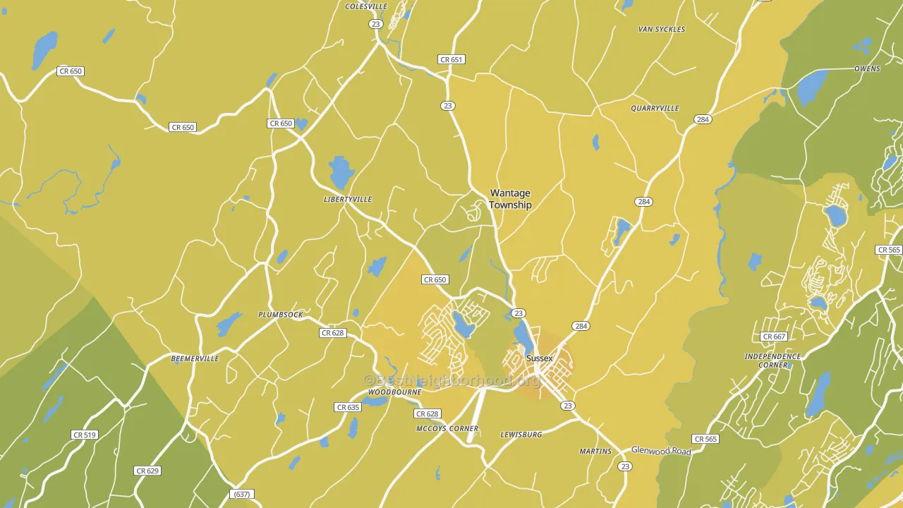 Map of the best neighborhoods in the Wantage area, with better matches in green and worse matches in red