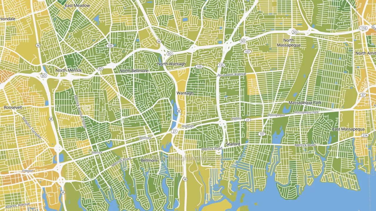 Map of the best neighborhoods in the Wantagh area, with better matches in green and worse matches in red
