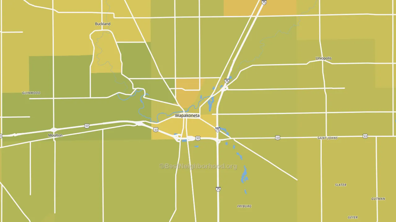 Map of the best neighborhoods in the Wapakoneta area, with better matches in green and worse matches in red