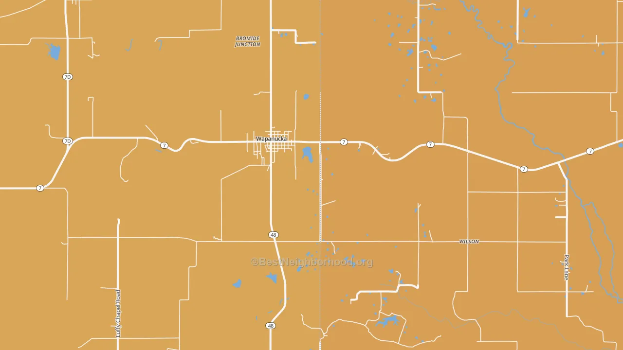 Map of the best neighborhoods in the Wapanucka area, with better matches in green and worse matches in red