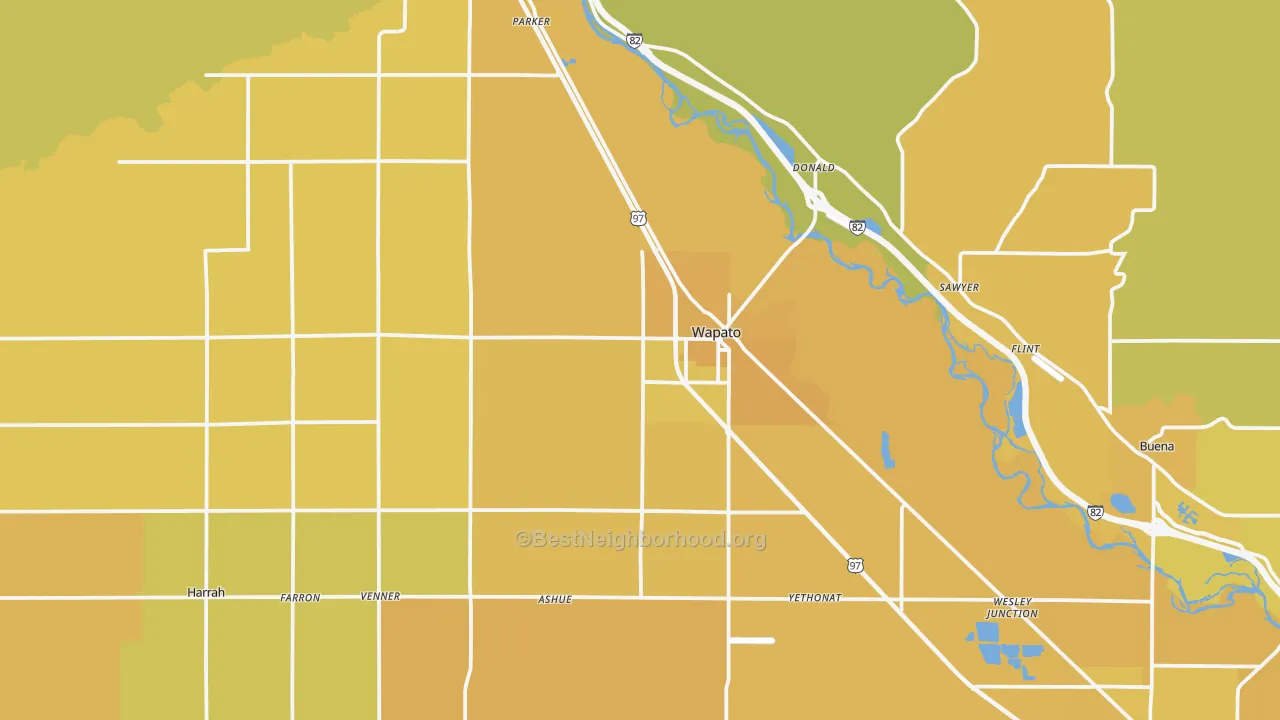 Map of the best neighborhoods in the Wapato area, with better matches in green and worse matches in red