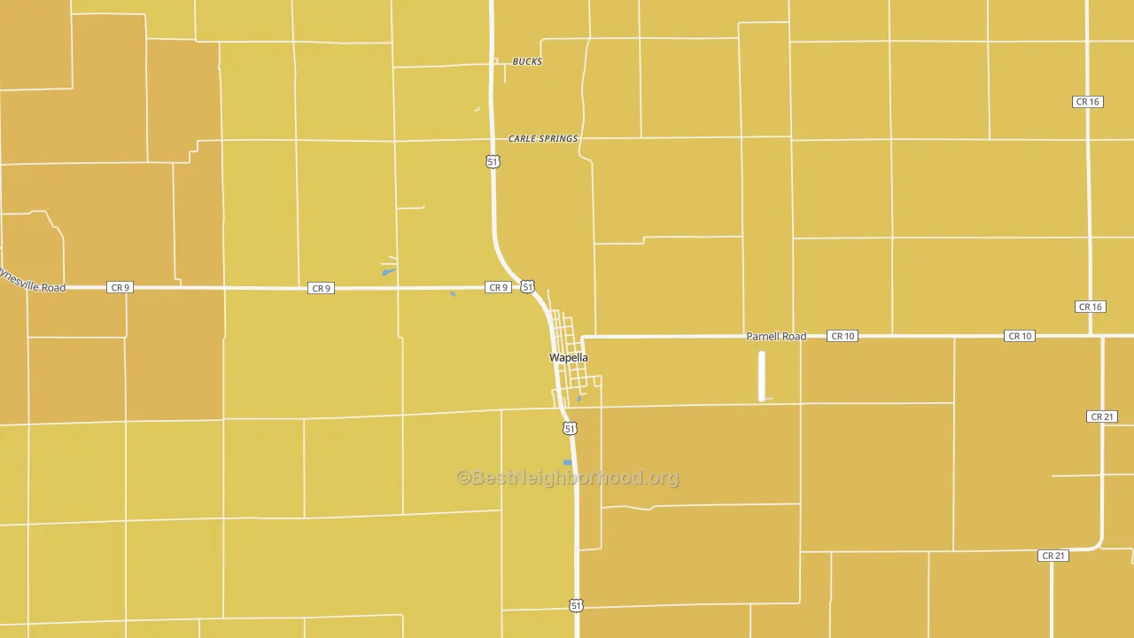 Map of the best neighborhoods in the Wapella area, with better matches in green and worse matches in red