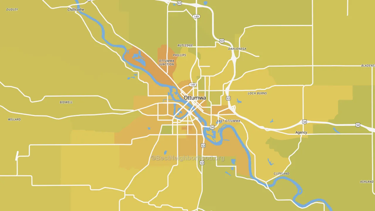 Map of the best neighborhoods in the Wapello County area, with better matches in green and worse matches in red