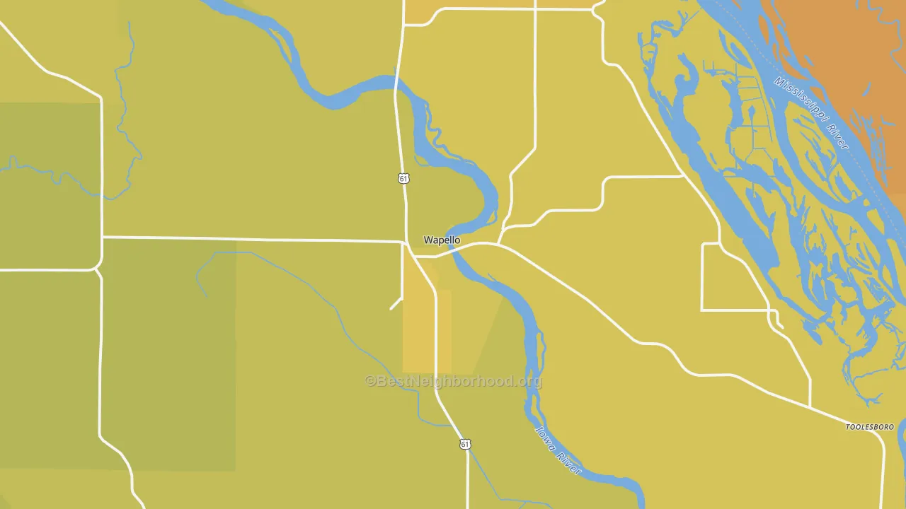 Map of the best neighborhoods in the Wapello area, with better matches in green and worse matches in red