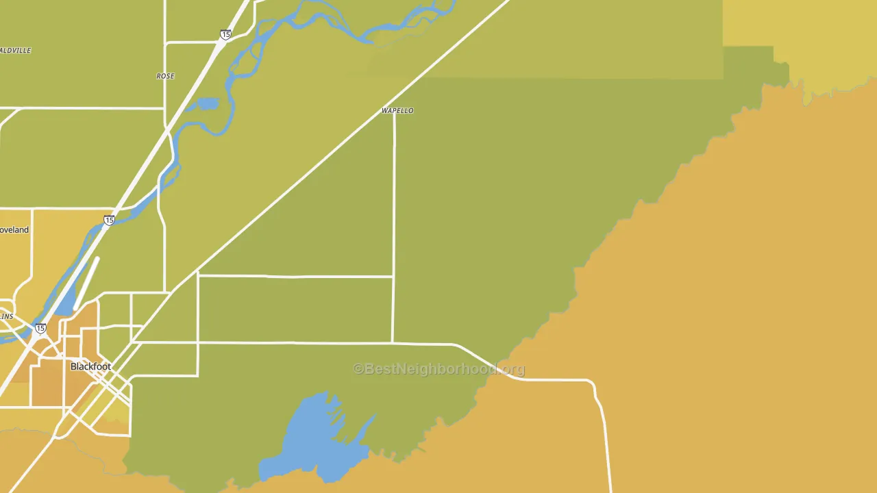 Map of the best neighborhoods in the Wapello area, with better matches in green and worse matches in red