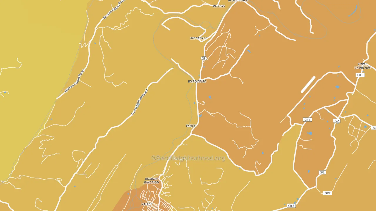 Map of the best neighborhoods in the Wapocomo area, with better matches in green and worse matches in red