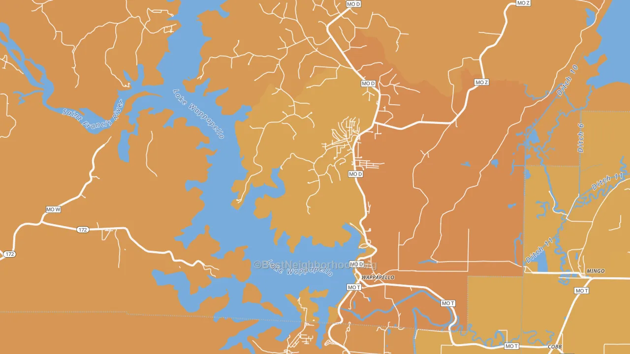 Map of the best neighborhoods in the Wappapello area, with better matches in green and worse matches in red
