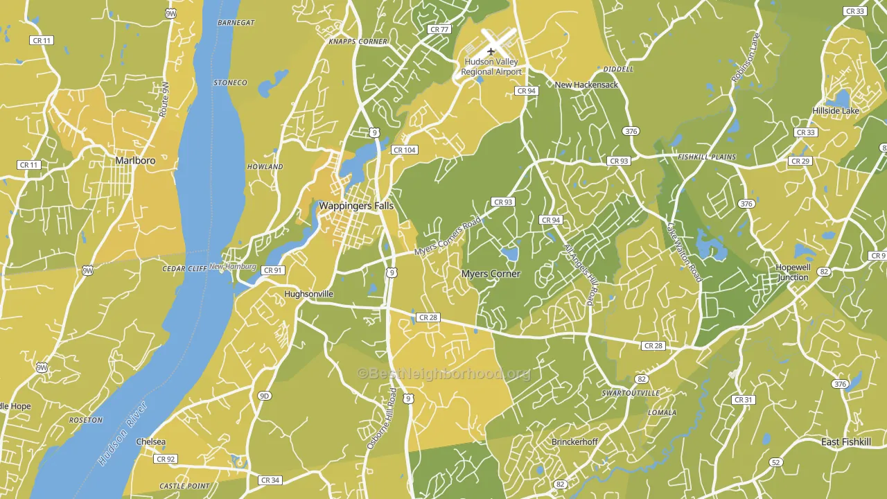Map of the best neighborhoods in the Wappingers Falls area, with better matches in green and worse matches in red