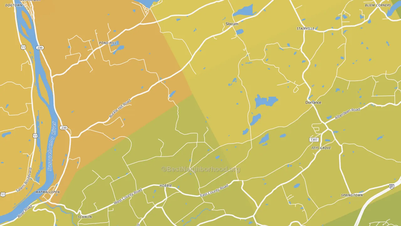 Map of the best neighborhoods in the Wapwallopen area, with better matches in green and worse matches in red