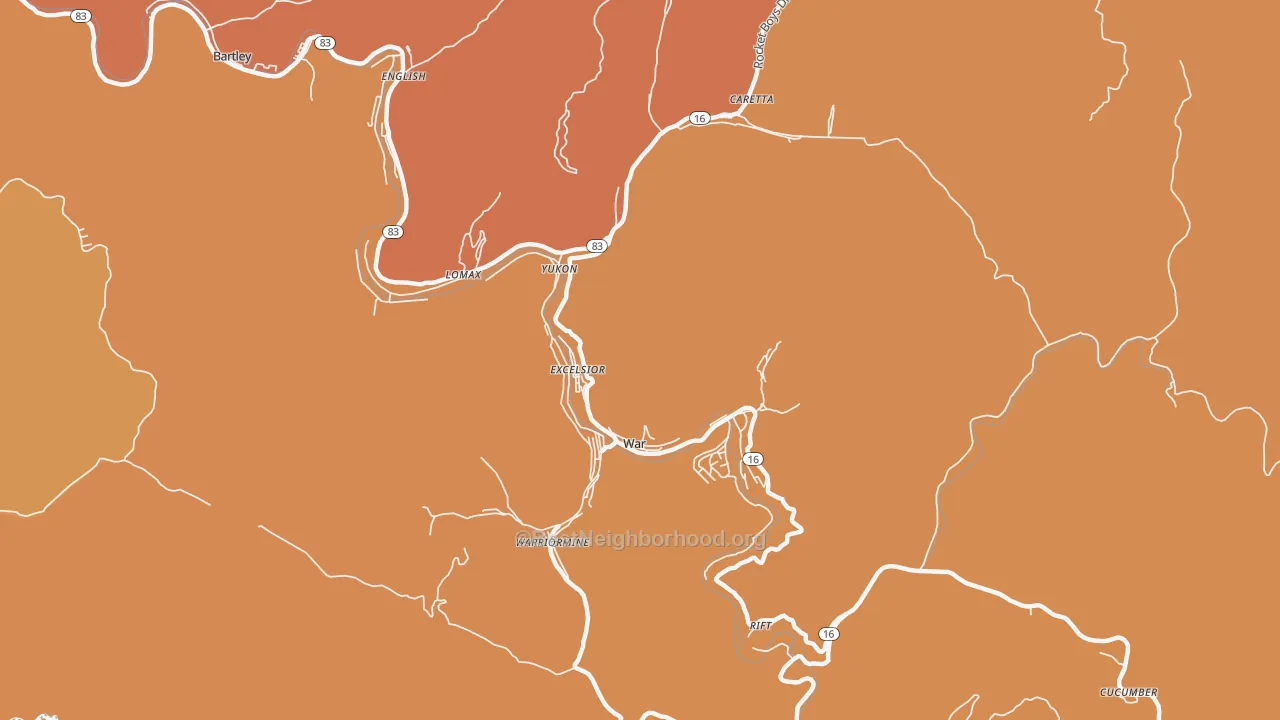 Map of the best neighborhoods in the War area, with better matches in green and worse matches in red