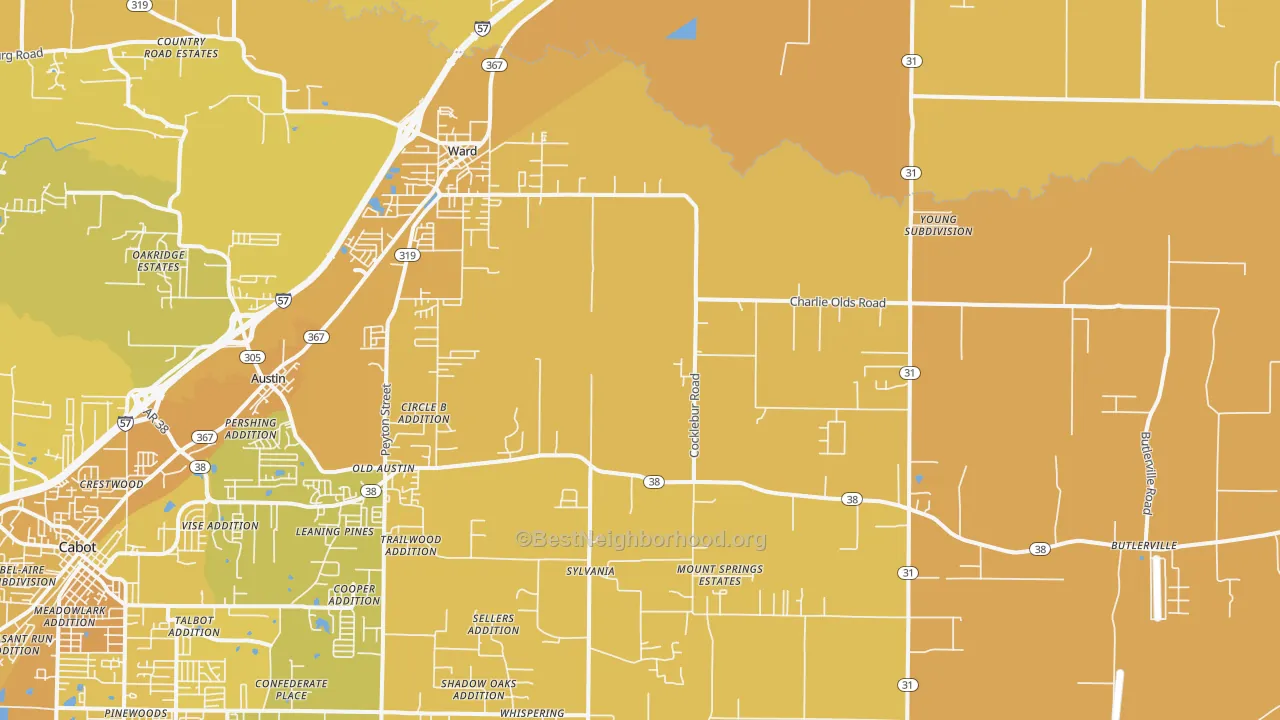 Map of the best neighborhoods in the Ward area, with better matches in green and worse matches in red