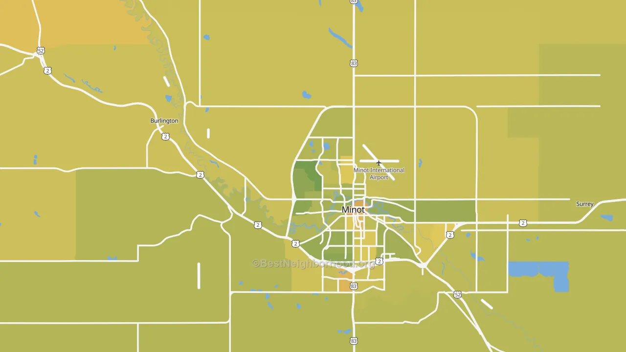 Map of the best neighborhoods in the Ward County area, with better matches in green and worse matches in red
