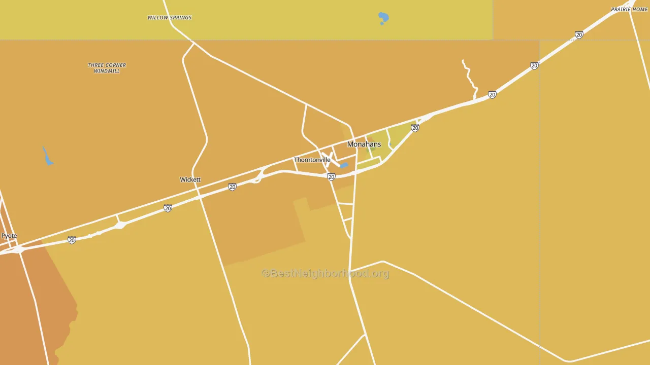 Map of the best neighborhoods in the Ward County area, with better matches in green and worse matches in red
