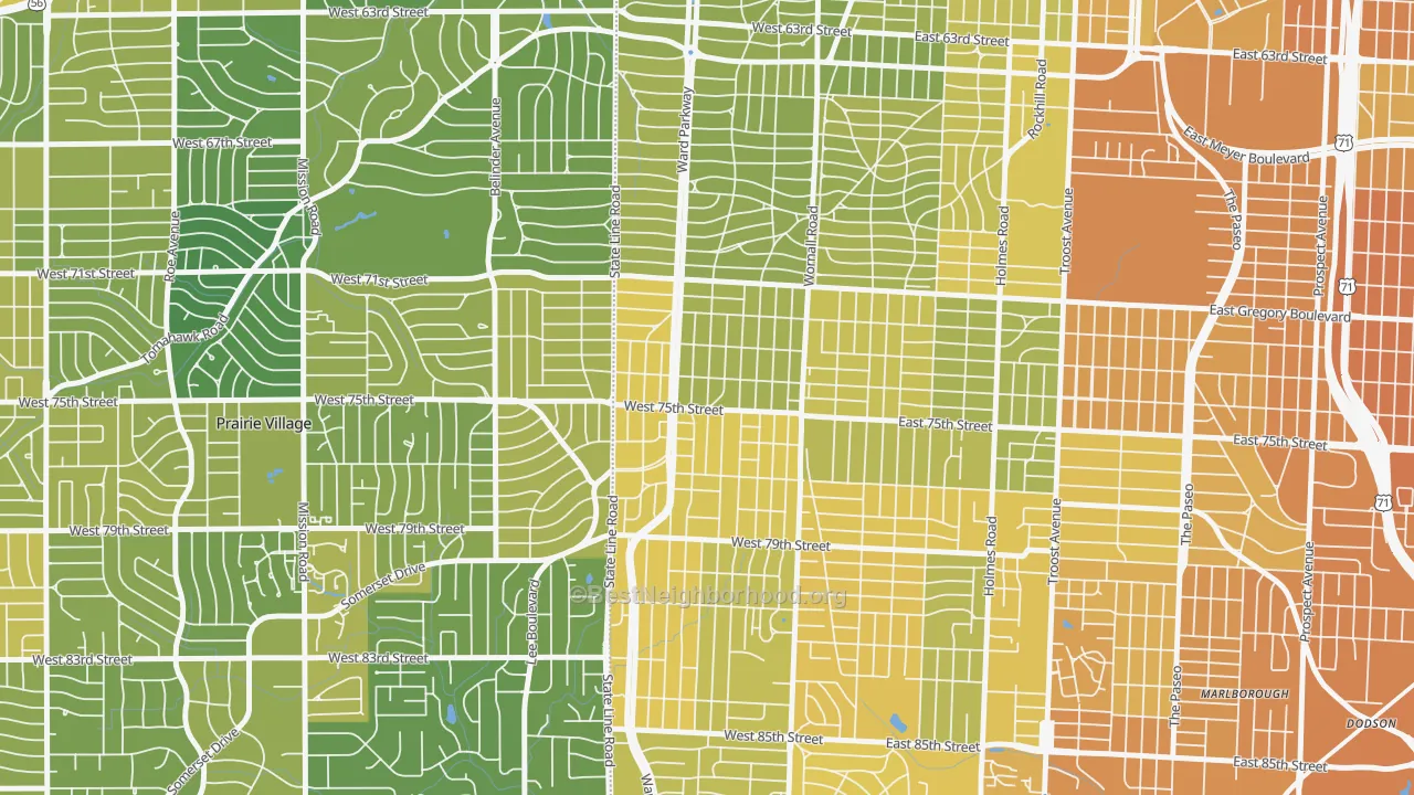 Map of the best neighborhoods in the Ward Parkway, Kansas City area, with better matches in green and worse matches in red