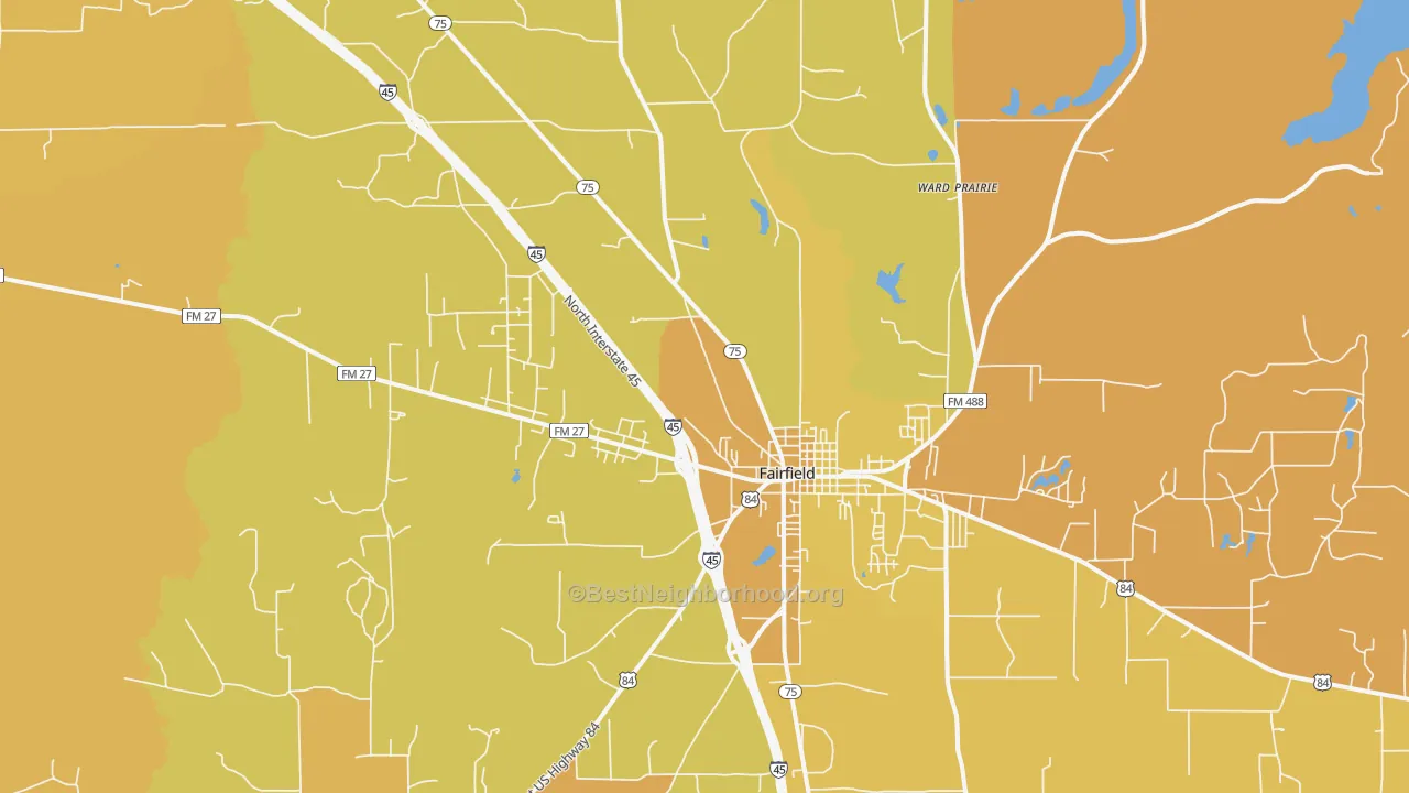 Map of the best neighborhoods in the Ward Prairie area, with better matches in green and worse matches in red