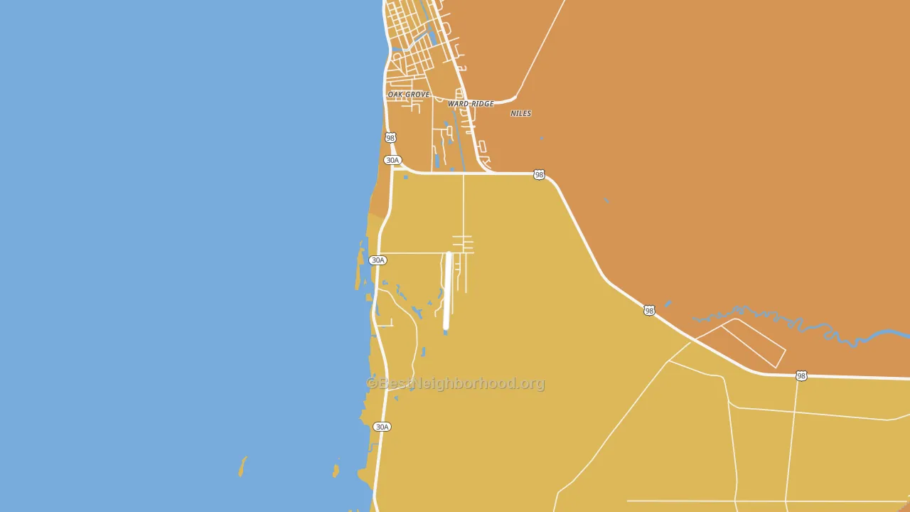 Map of the best neighborhoods in the Ward Ridge area, with better matches in green and worse matches in red