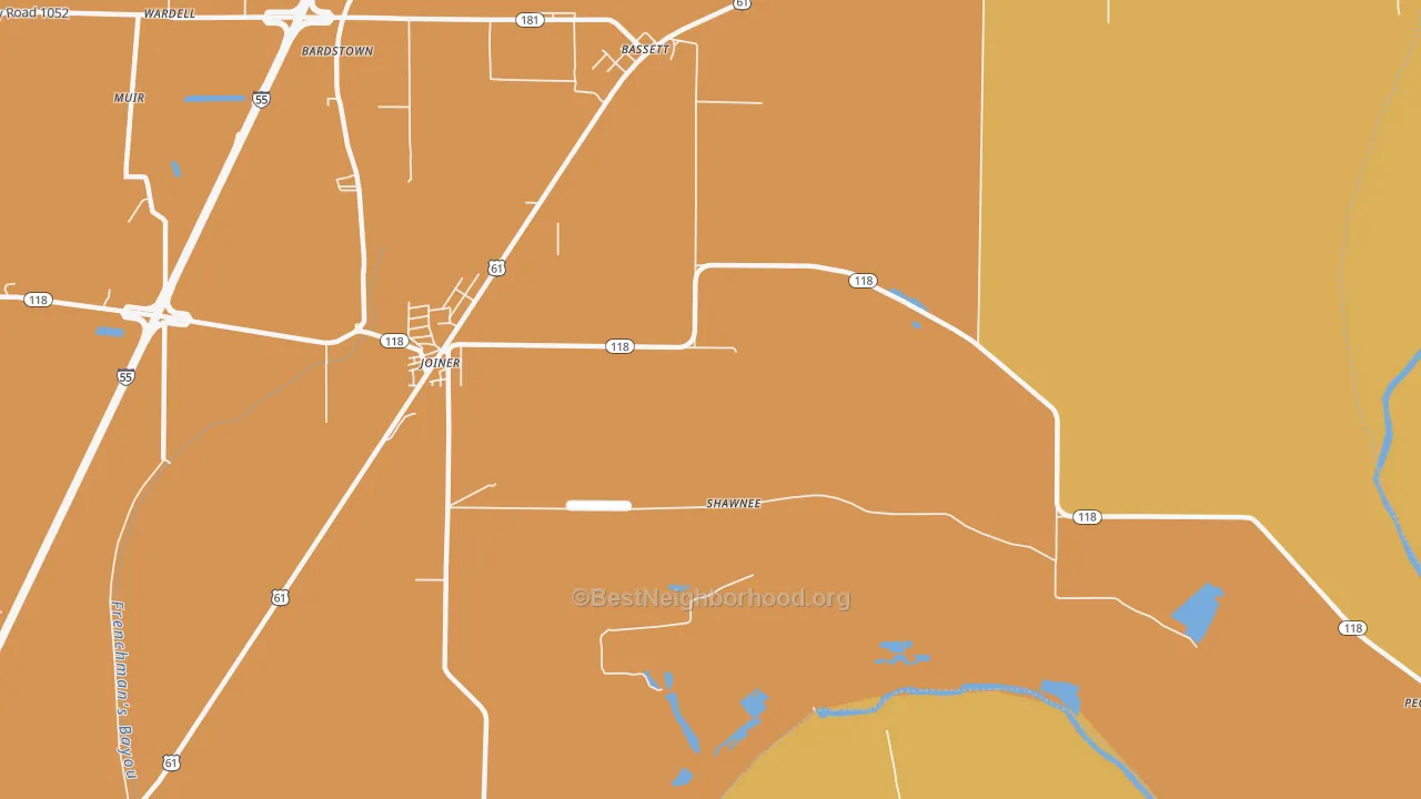 Map of the best neighborhoods in the Wardell area, with better matches in green and worse matches in red