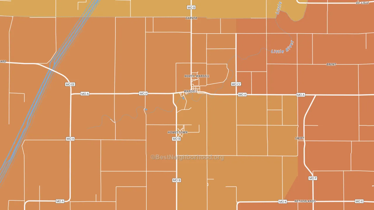 Map of the best neighborhoods in the Wardell area, with better matches in green and worse matches in red