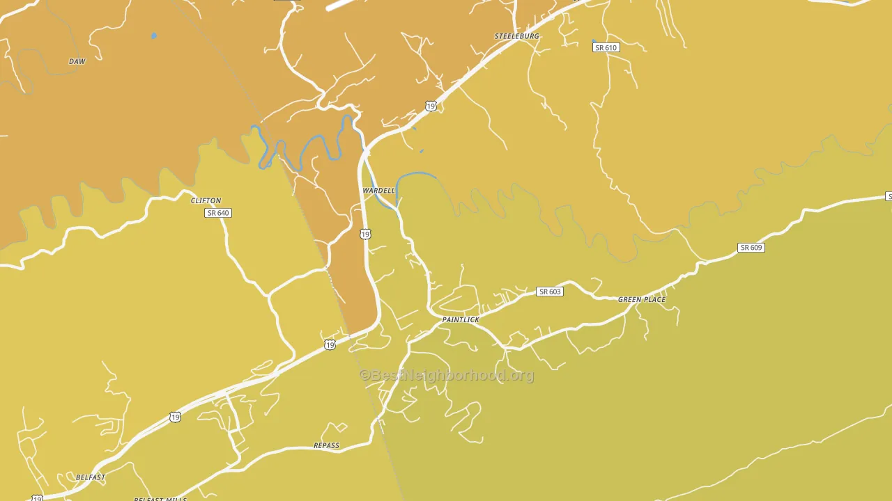 Map of the best neighborhoods in the Wardell area, with better matches in green and worse matches in red