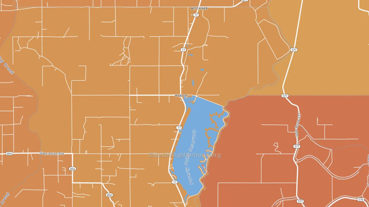 Map of the best neighborhoods in the Warden area, with better matches in green and worse matches in red