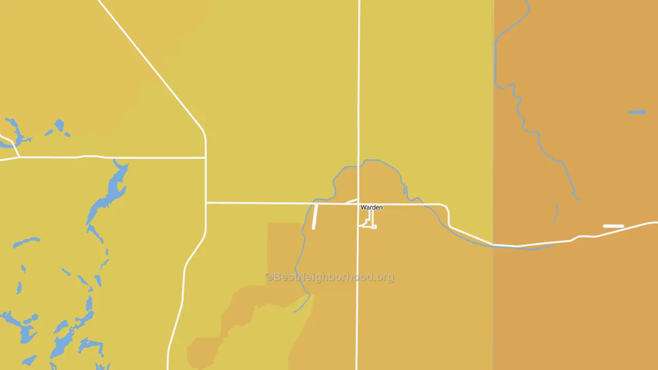 Map of the best neighborhoods in the Warden area, with better matches in green and worse matches in red