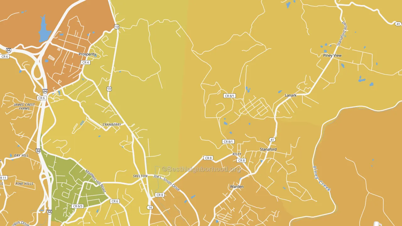 Map of the best neighborhoods in the Warden area, with better matches in green and worse matches in red