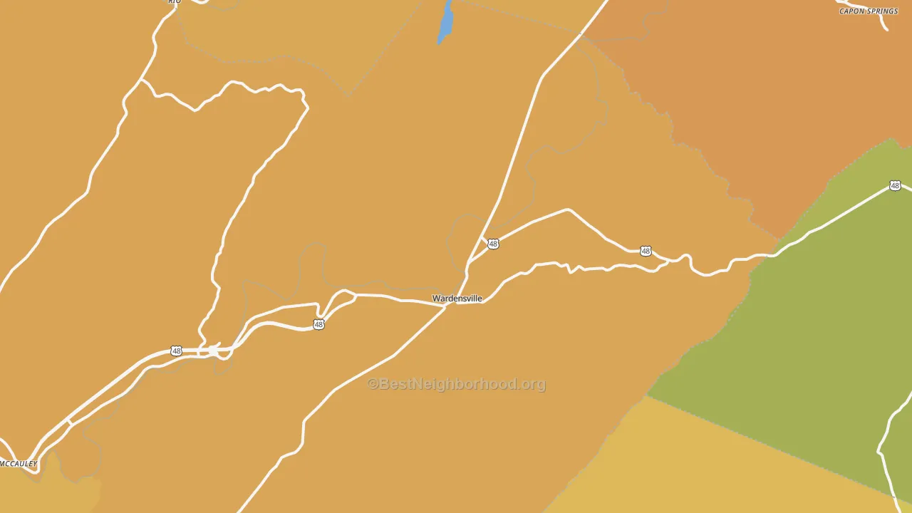 Map of the best neighborhoods in the Wardensville area, with better matches in green and worse matches in red