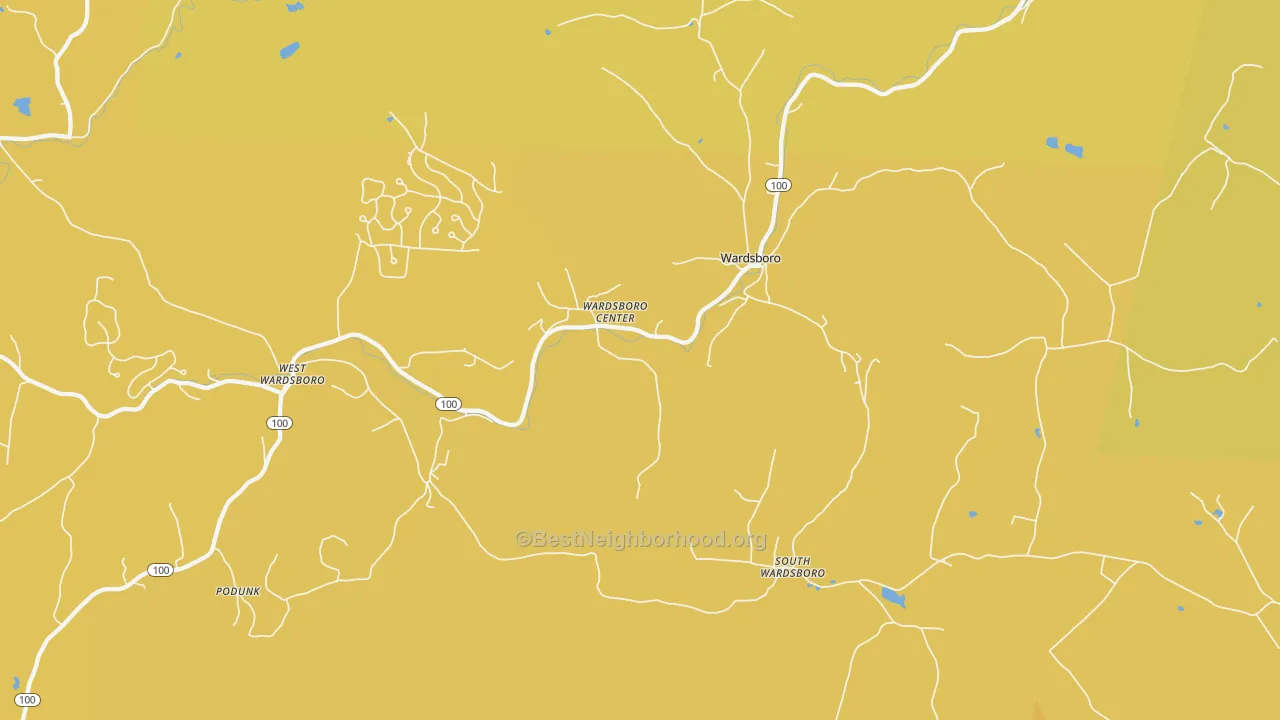 Map of the best neighborhoods in the Wardsboro area, with better matches in green and worse matches in red