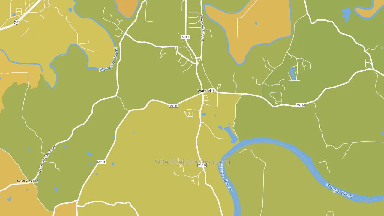 Map of the best neighborhoods in the Wardsville area, with better matches in green and worse matches in red