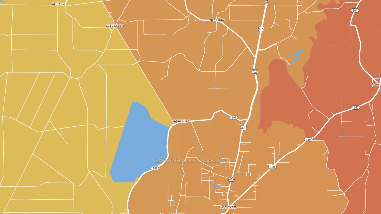 Map of the best neighborhoods in the Wardville area, with better matches in green and worse matches in red