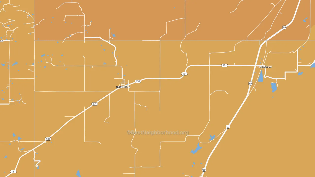 Map of the best neighborhoods in the Wardville area, with better matches in green and worse matches in red