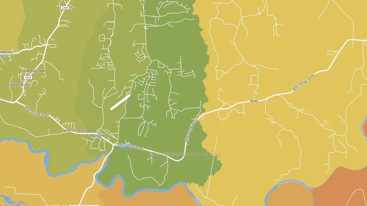 Map of the best neighborhoods in the Ware area, with better matches in green and worse matches in red