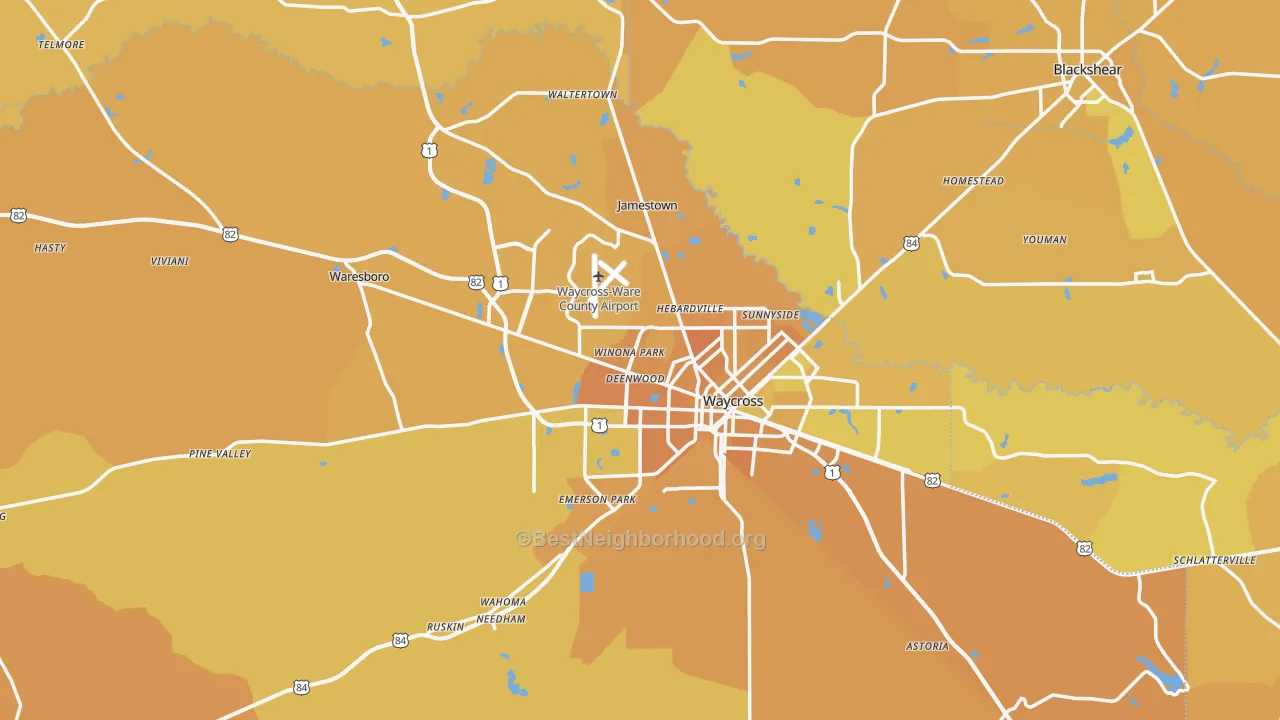Map of the best neighborhoods in the Ware County area, with better matches in green and worse matches in red