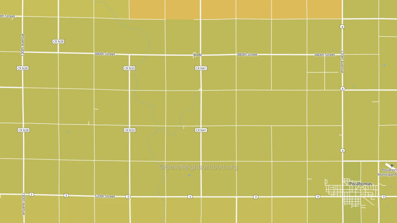 Map of the best neighborhoods in the Ware area, with better matches in green and worse matches in red