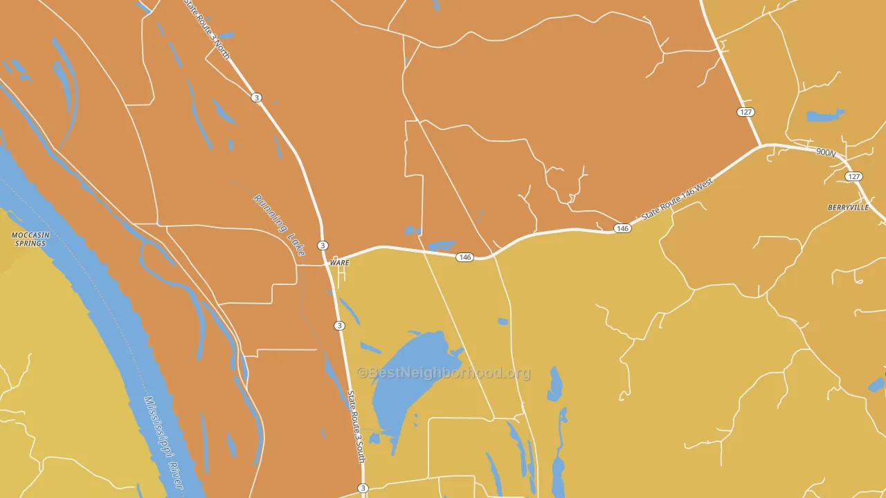 Map of the best neighborhoods in the Ware area, with better matches in green and worse matches in red