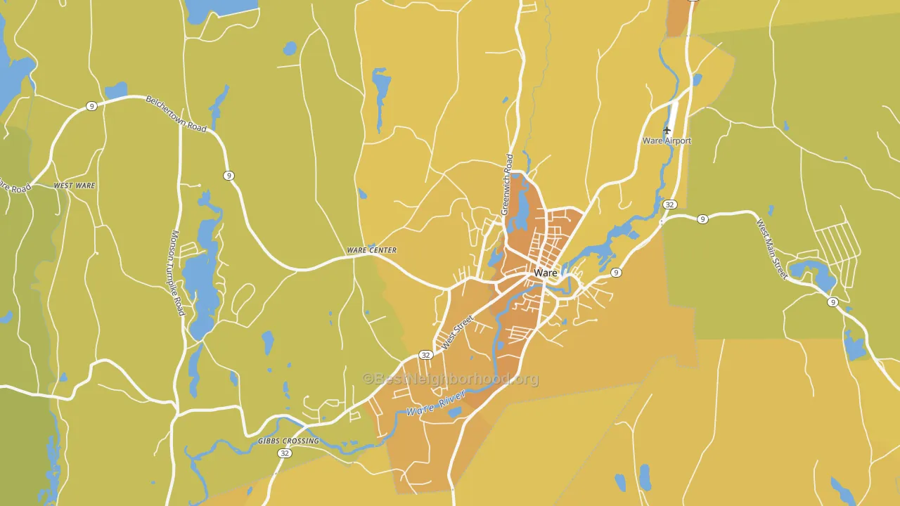 Map of the best neighborhoods in the Ware area, with better matches in green and worse matches in red