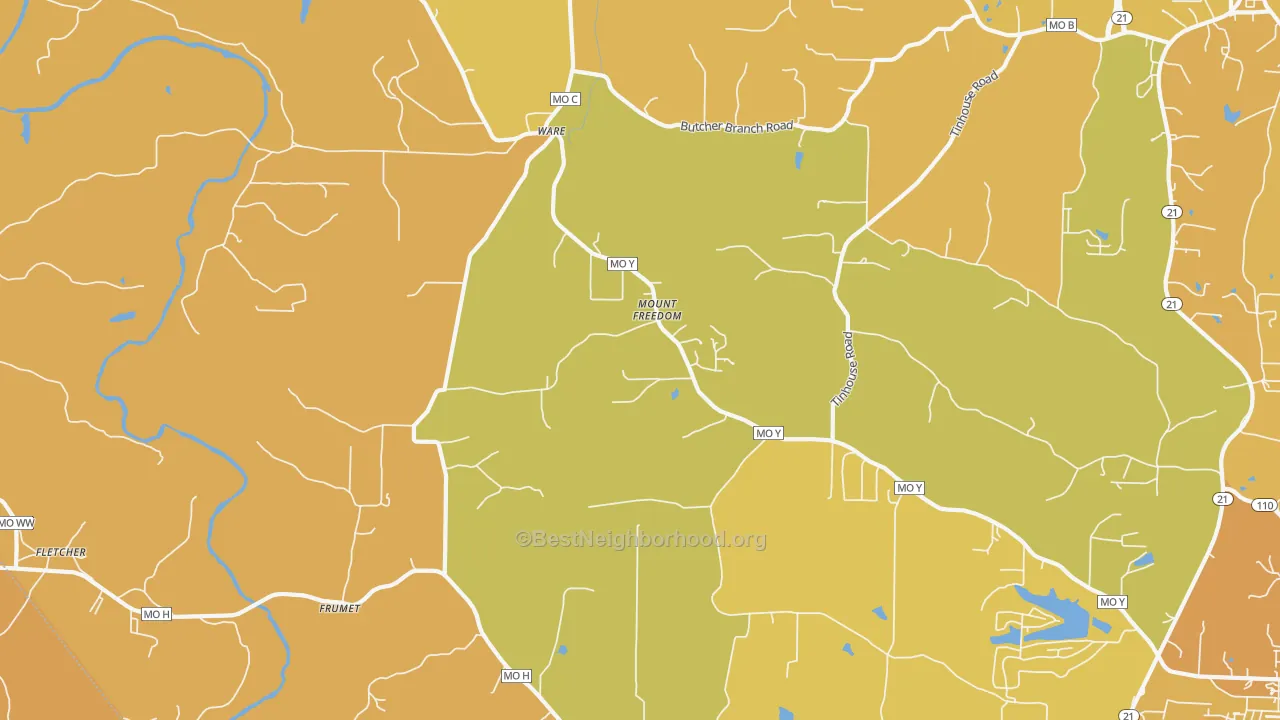 Map of the best neighborhoods in the Ware area, with better matches in green and worse matches in red
