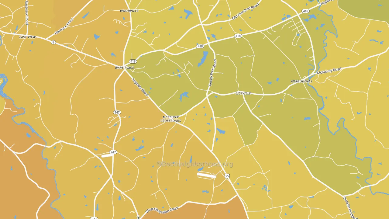 Map of the best neighborhoods in the Ware Place area, with better matches in green and worse matches in red