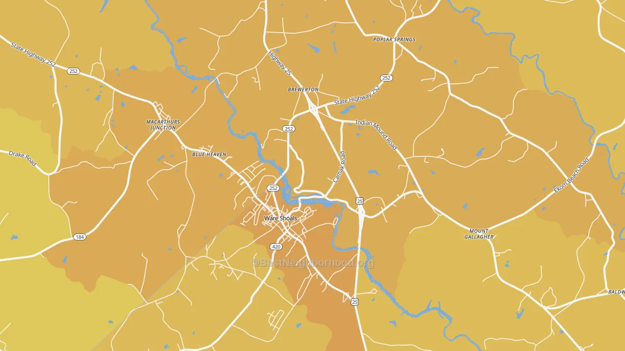 Map of the best neighborhoods in the Ware Shoals area, with better matches in green and worse matches in red