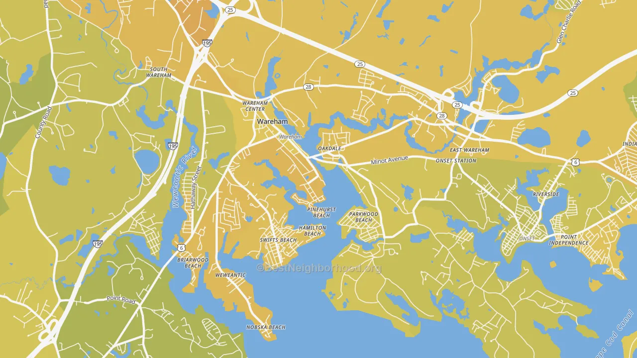 Map of the best neighborhoods in the Wareham Center area, with better matches in green and worse matches in red