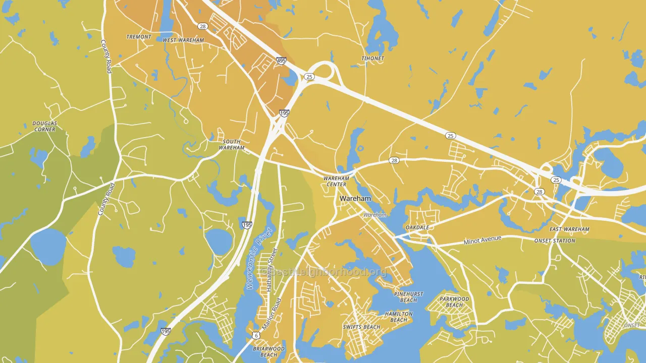 Map of the best neighborhoods in the Wareham area, with better matches in green and worse matches in red