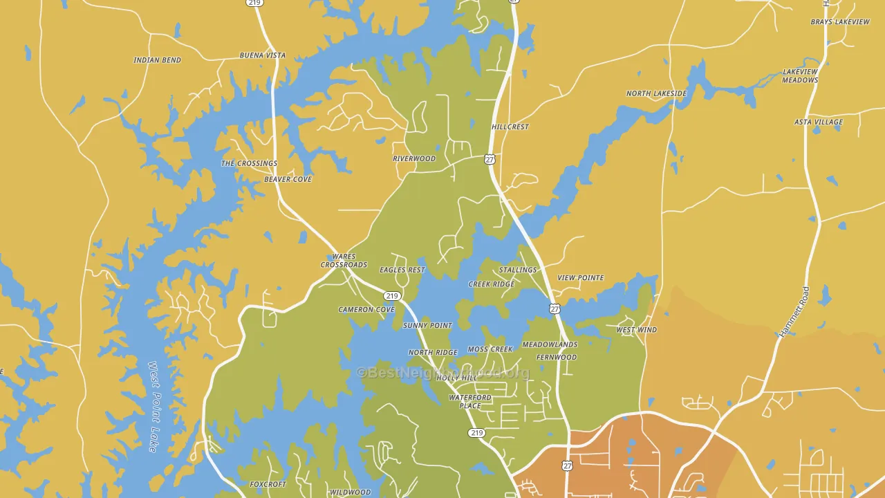 Map of the best neighborhoods in the Wares Crossroads area, with better matches in green and worse matches in red