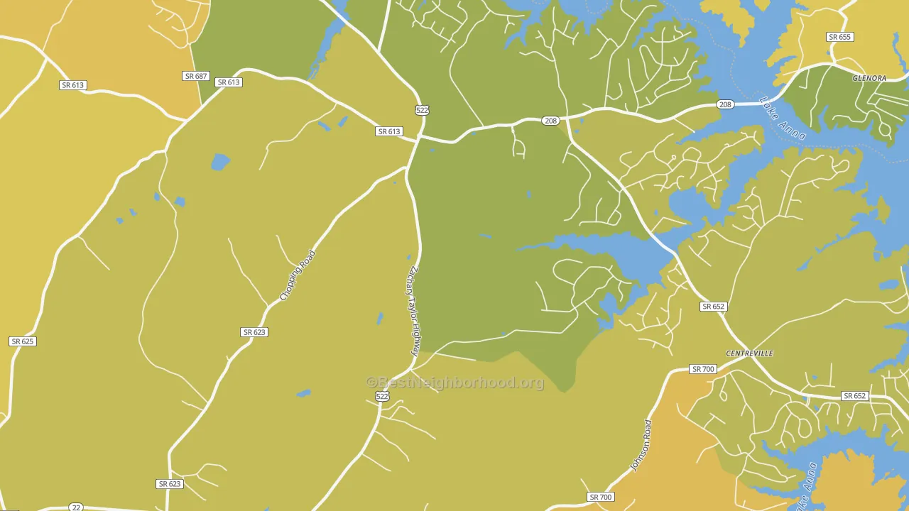 Map of the best neighborhoods in the Wares Crossroads area, with better matches in green and worse matches in red