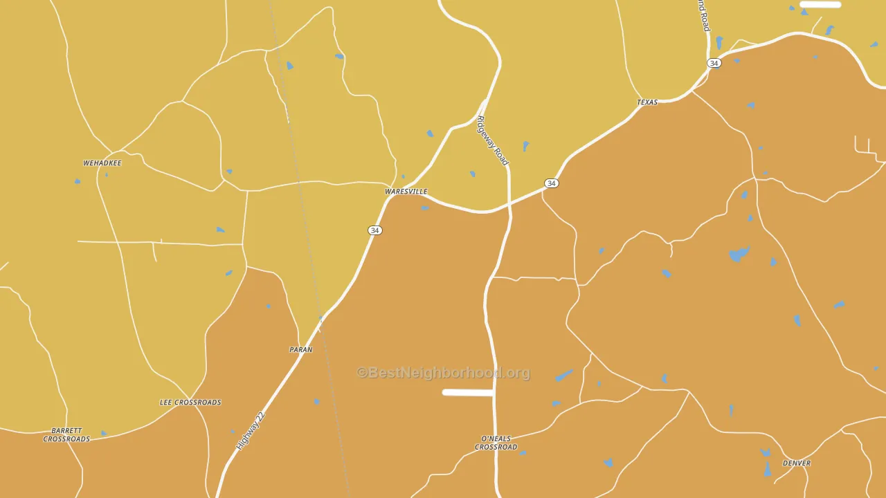 Map of the best neighborhoods in the Waresville area, with better matches in green and worse matches in red